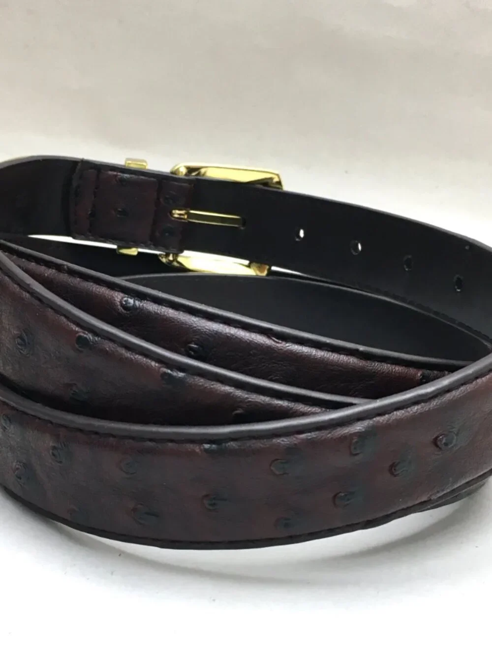 Men's Brown Leather Belt Faux Ostrich Pattern Gold Tone Buckle Size 4XL
